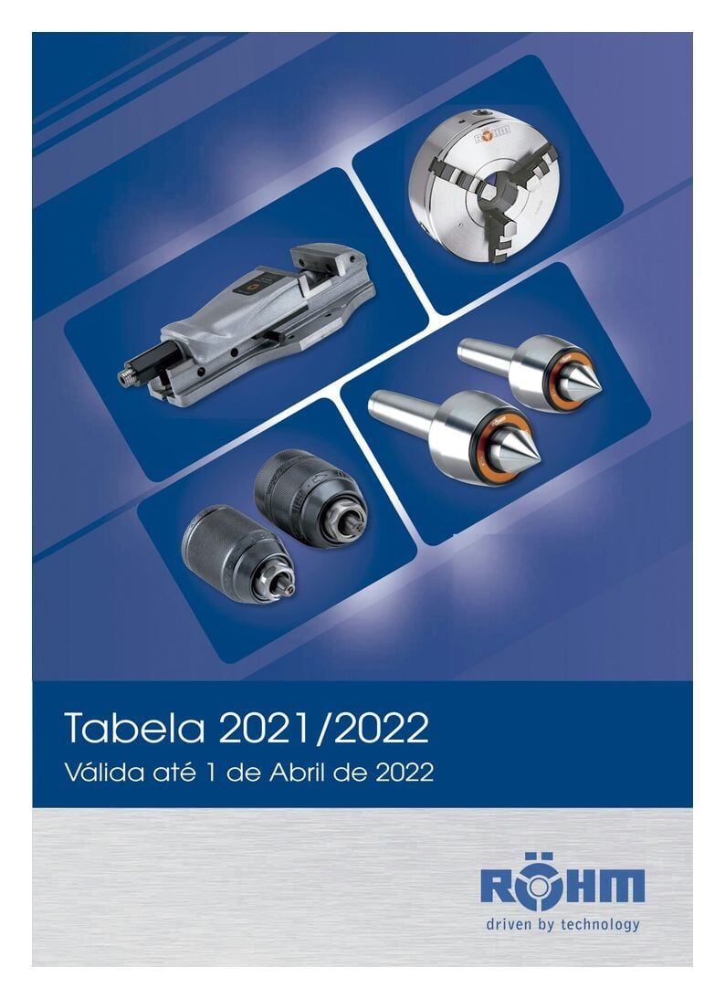 Capa do catálogo: peças de máquinas-ferramenta sobre fundo azul. 