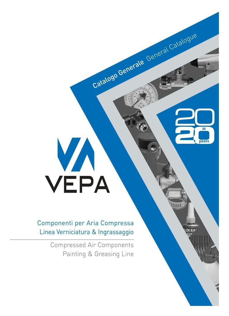 Capa do catálogo: Logotipo da Vepa, texto e ano de 2020. Forma geométrica azul com imagens do produto.