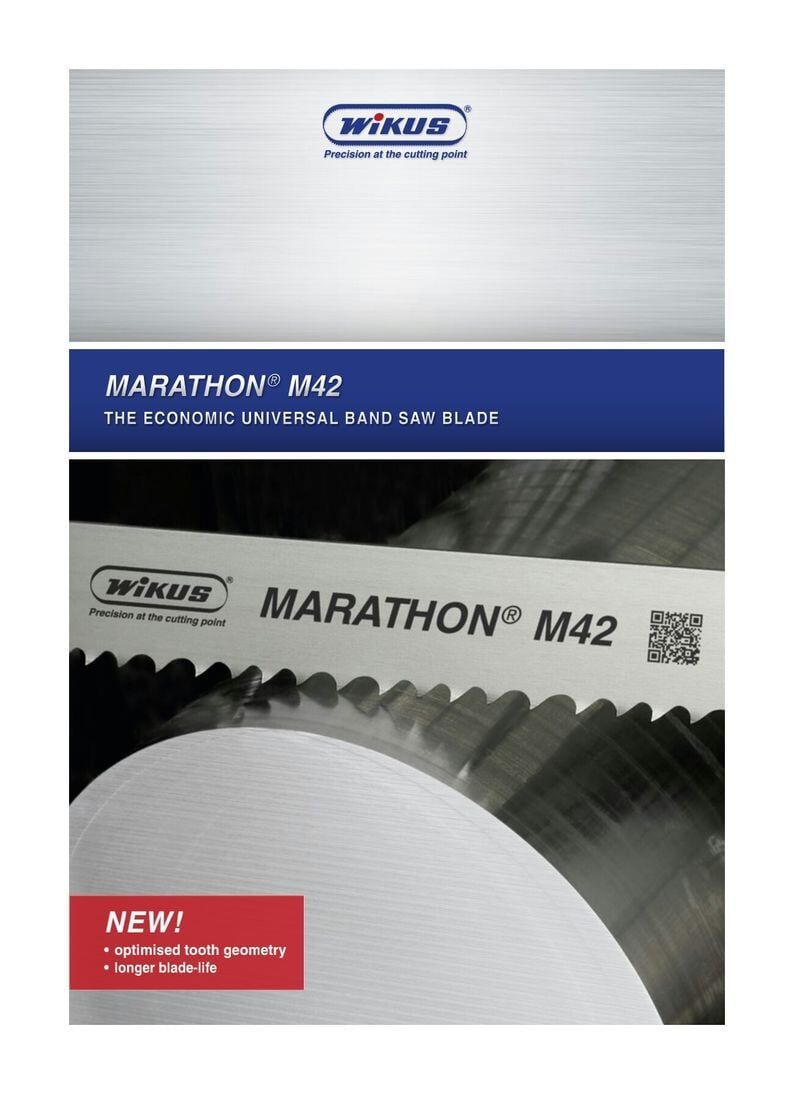 Ficha técnica da lâmina de serra de fita Marathon M42. Inclui um detalhe dos dentes da lâmina e o logotipo da WIKUS.