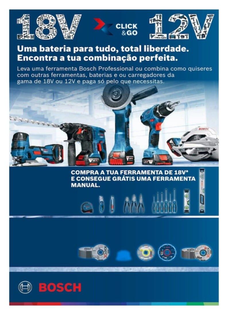 Anúncio de ferramentas elétricas Bosch: ferramentas de 18V e 12V em destaque, com texto promovendo a compatibilidade.