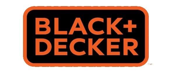 Logotipo da Black+Decker em texto laranja sobre um retângulo preto com cantos arredondados e contorno laranja.