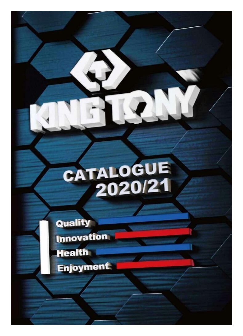 Capa do catálogo King Tony 2020/21. Apresenta o logotipo em um fundo hexagonal azul.