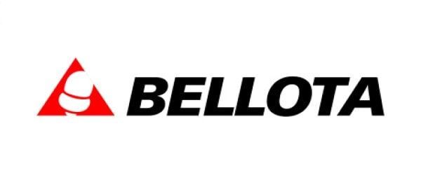 Logotipo da Bellota: triângulo vermelho com desenho branco e texto preto 