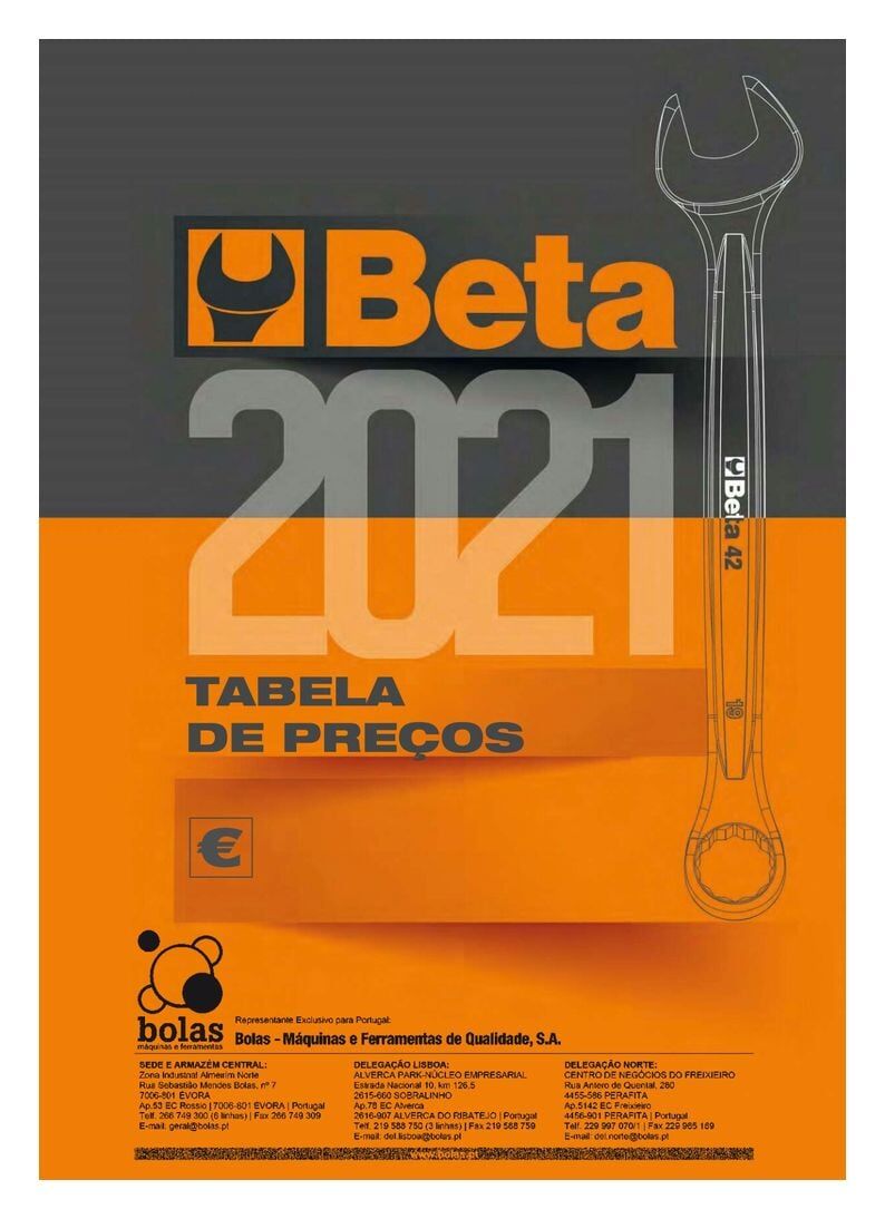 Capa da tabela de preços da Beta 2021. Design em laranja e cinza com ilustração de uma chave inglesa.