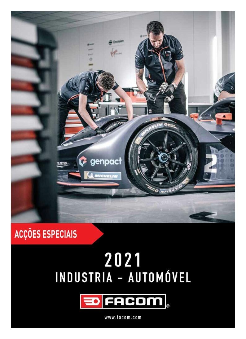 Dois mecânicos trabalhando em um carro de corrida azul em uma garagem, capa do catálogo de ofertas especiais da FACOM 2021.