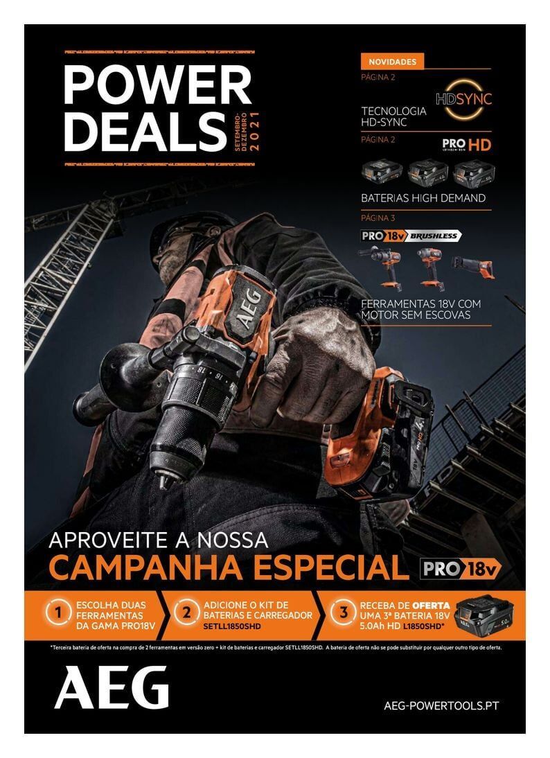 Anúncio da AEG Power Deals. Homem segurando ferramentas elétricas, com o texto 