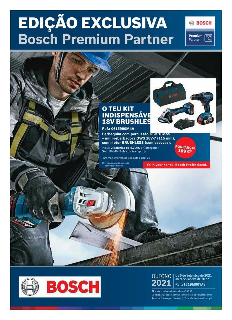 Homem usando uma esmerilhadeira angular Bosch, parte de um anúncio de um kit 