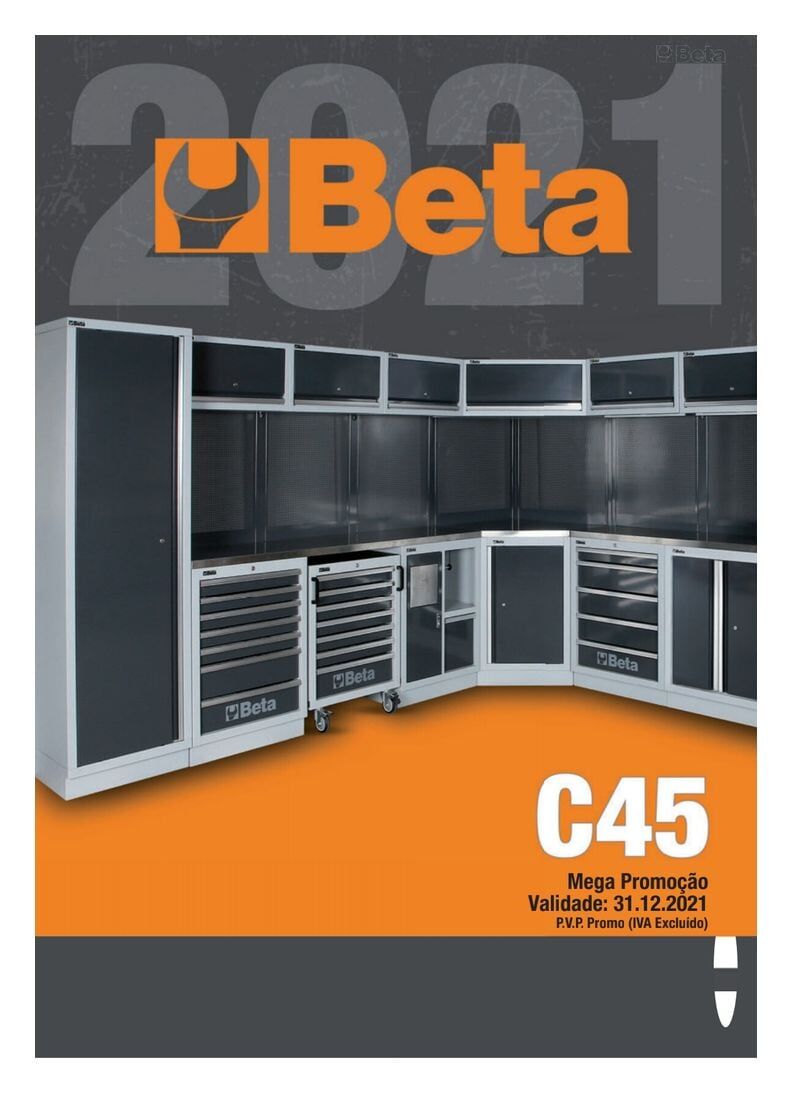 Capa do catálogo de ferramentas Beta 2021 apresentando uma área de trabalho C45 em uma oficina. Cores laranja e cinza.