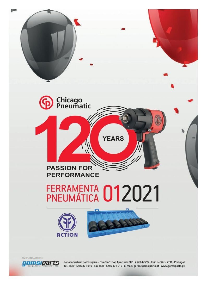 Anúncio da Chicago Pneumatic: Celebrando 120 anos. Apresenta uma chave de impacto, um conjunto de ferramentas e balões.