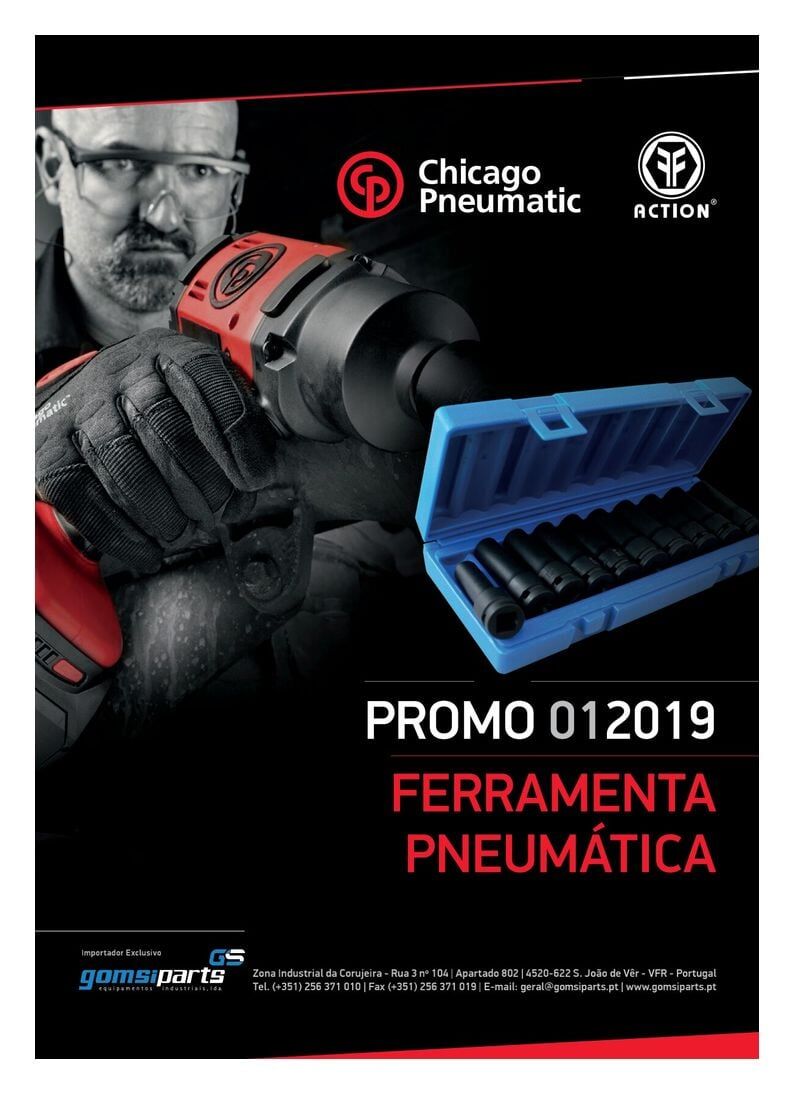 Pôster promocional de ferramentas pneumáticas da Chicago Pneumatic. Apresenta um homem segurando uma ferramenta.