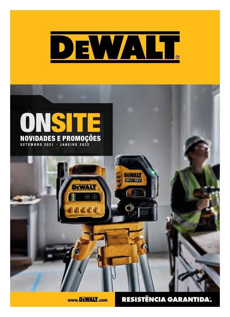 Capa do catálogo de ferramentas Dewalt. Nível a laser em um tripé, operário da construção civil ao fundo.