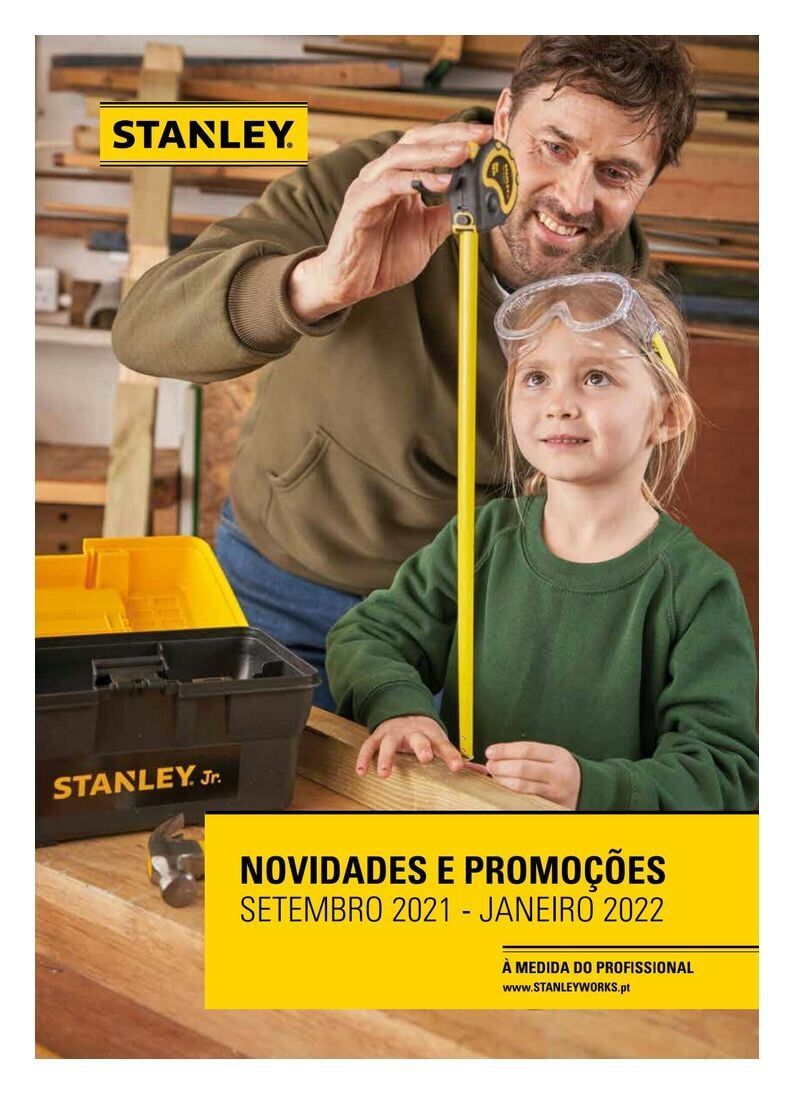 Anúncio da Stanley: Homem e criança com fita métrica e caixa de ferramentas; o texto diz 
