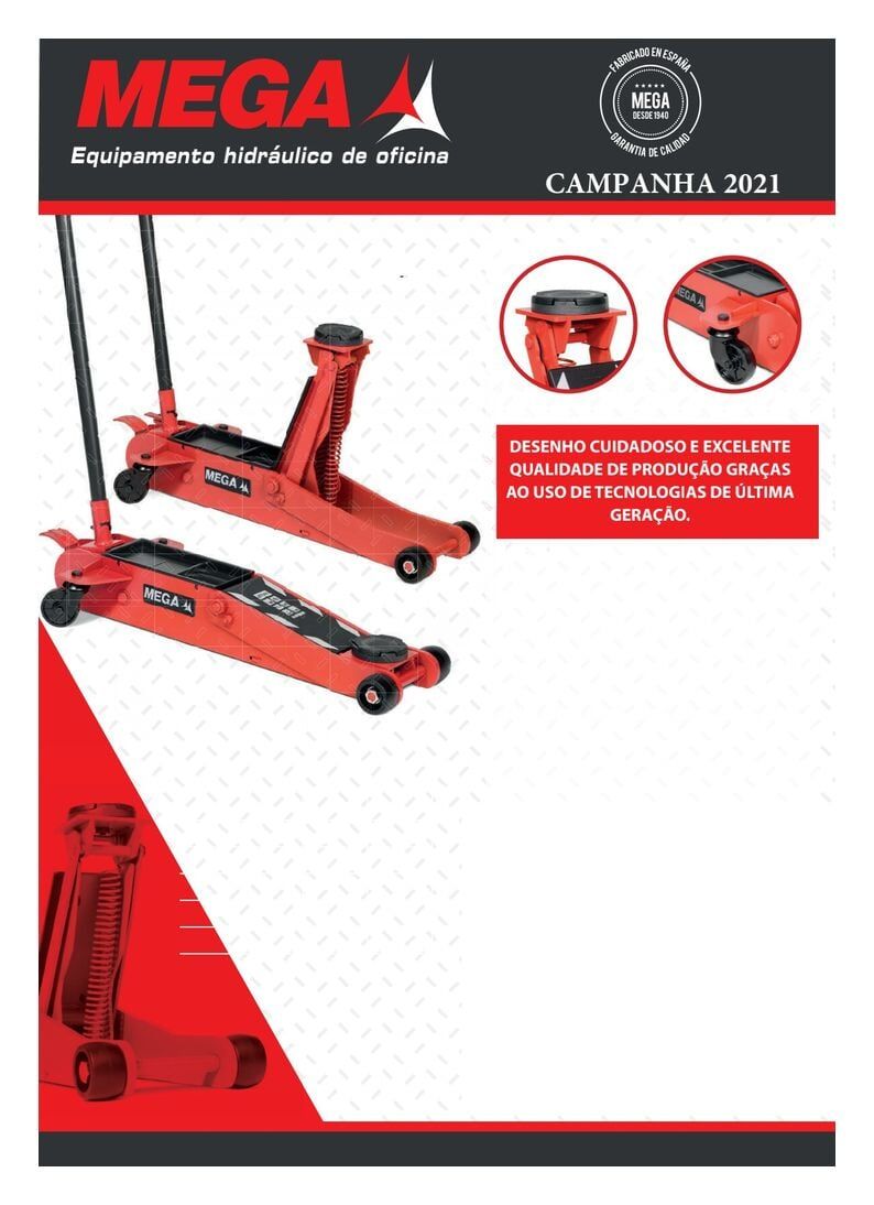 Capa vermelha do catálogo de equipamentos MEGA com ilustração de um macaco hidráulico e texto 