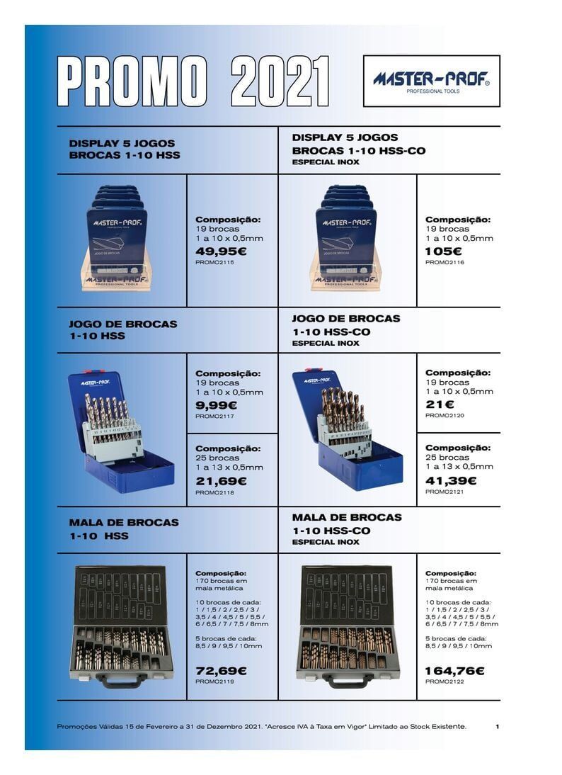 Folheto promocional com exibição de ferramentas, preços e texto, incluindo 