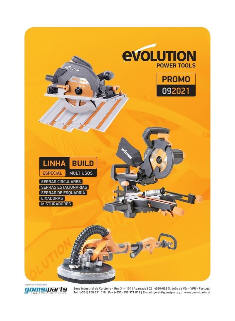 Panfleto promocional da Evolution Power Tools com três serras em um fundo laranja e branco.