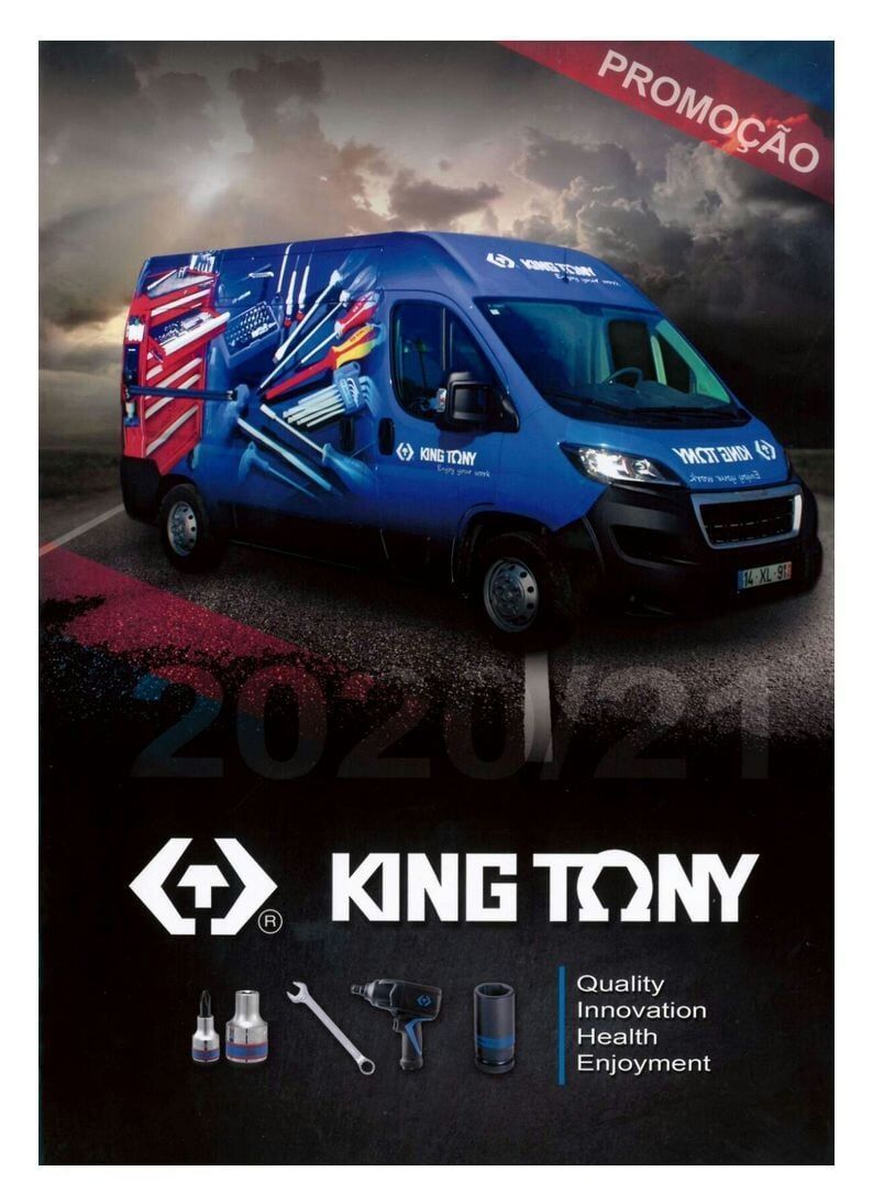 Van azul King Tony com faixa promocional. Logotipo da Tools, fundo escuro.