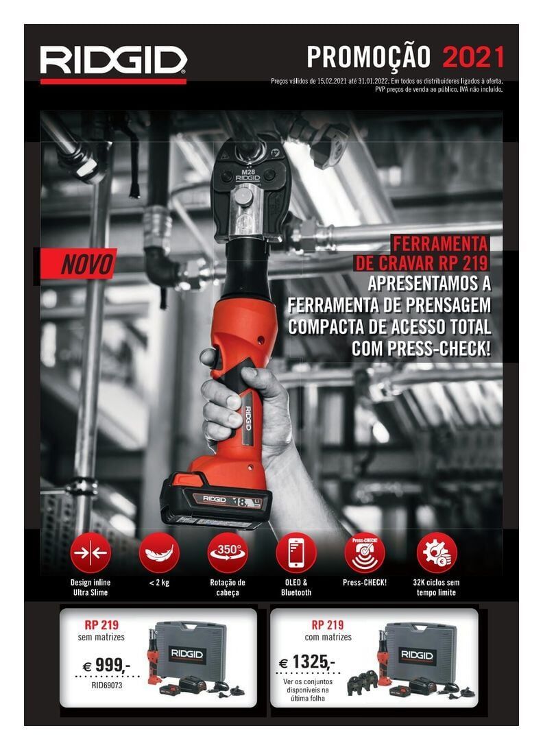Promoção de ferramentas RIDGID. Prensa manual vermelha e preta. Texto 