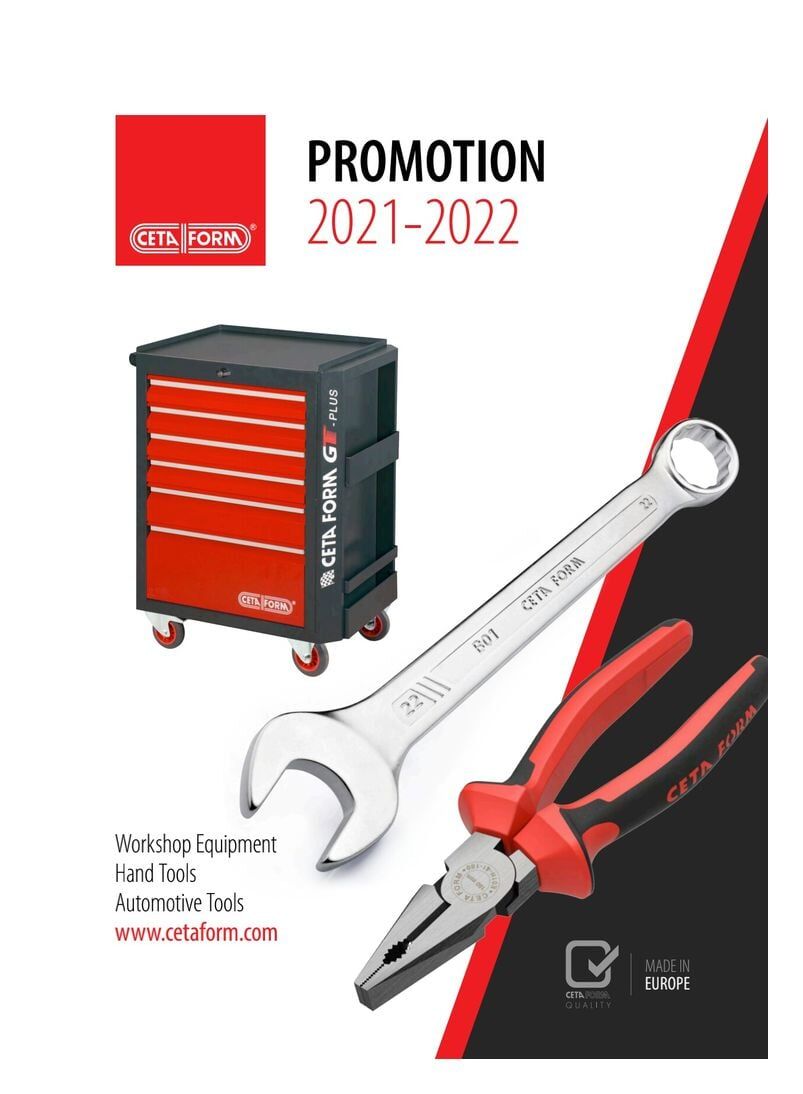 Capa de catálogo promocional: caixa de ferramentas, chave inglesa, alicate e o texto 