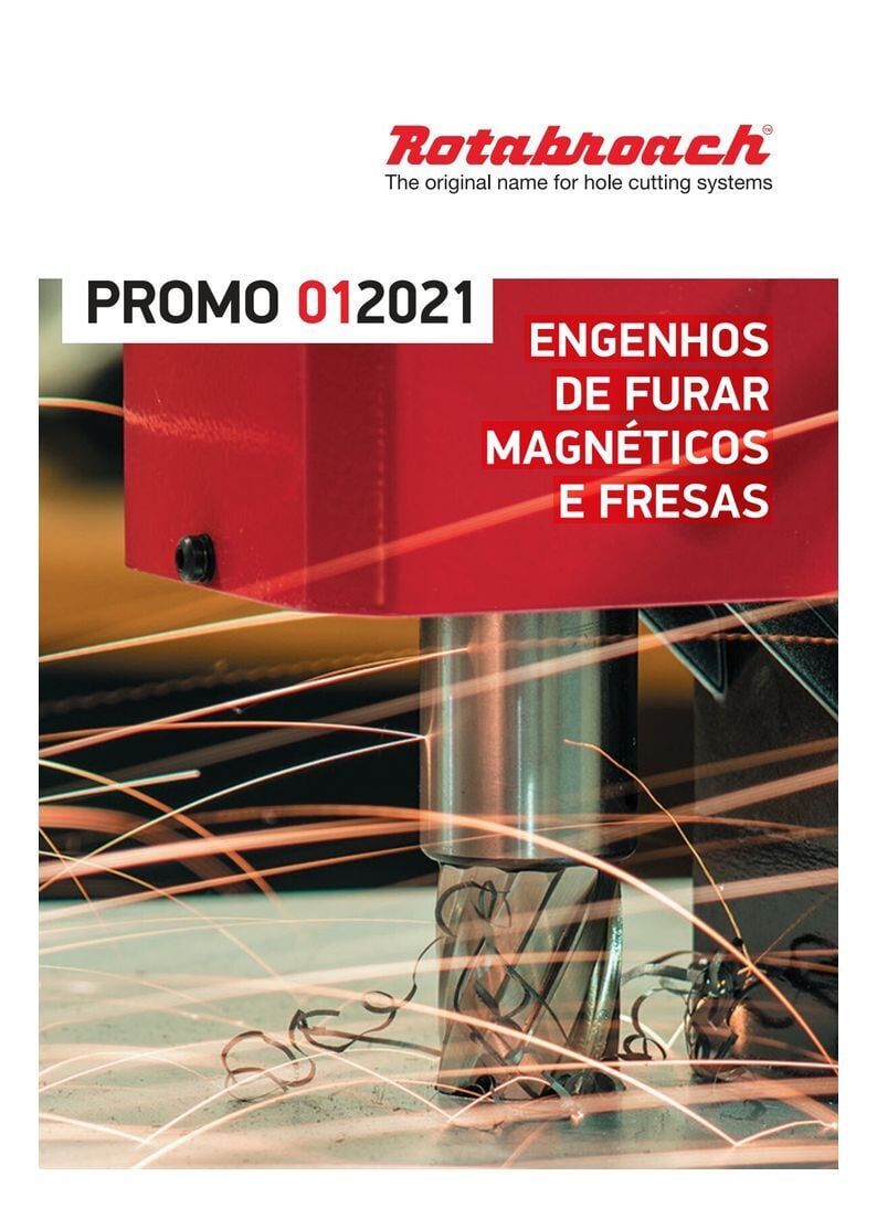 Capa promocional Rotabroach, furadeira com faíscas, vermelha e prateada. 
