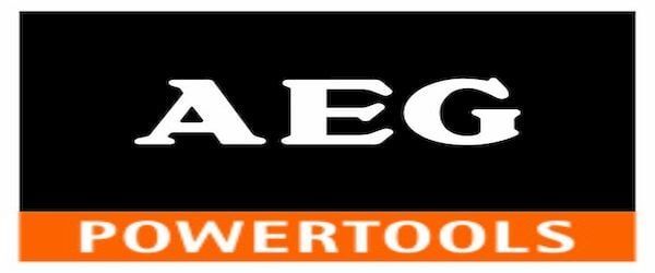 Logotipo da AEG PowerTools em branco sobre fundo preto, com uma faixa laranja abaixo.