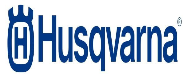 Logotipo da Husqvarna com uma coroa azul e texto, símbolo de marca registrada.