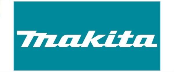 Logotipo da Makita em um retângulo verde-azulado. Texto branco sobre fundo verde-azulado.