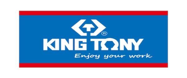 Logotipo da King Tony Tools com fundo azul, emblema branco e a frase 