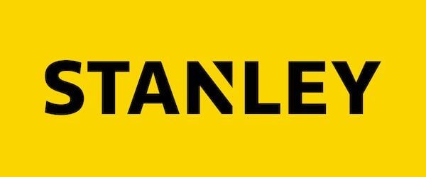 Logotipo da Stanley em texto preto sobre fundo amarelo.