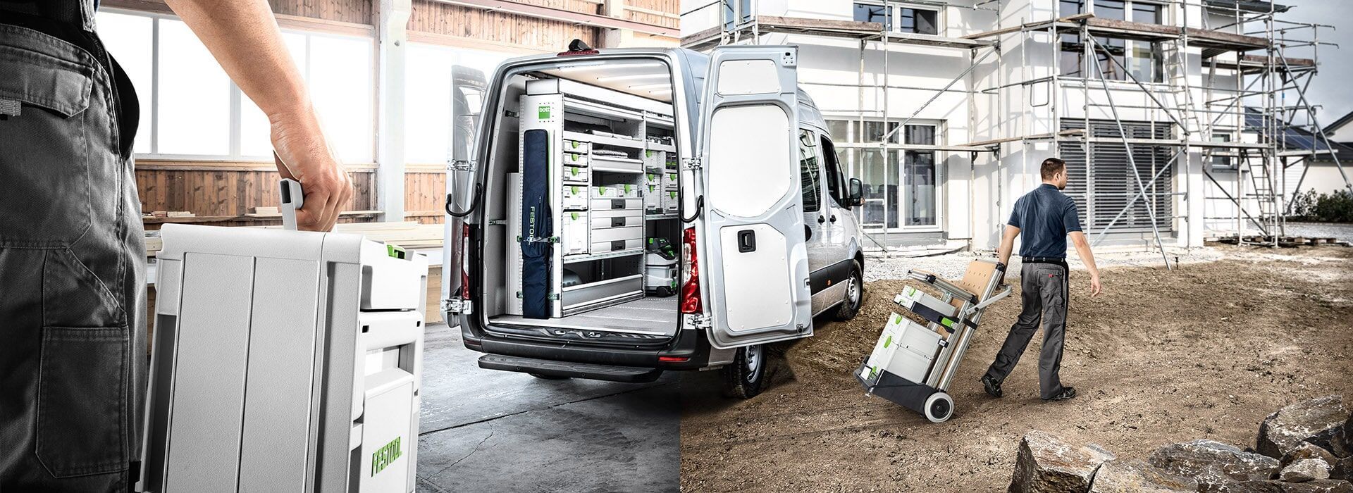 Operários carregando e descarregando uma van com ferramentas em um canteiro de obras.