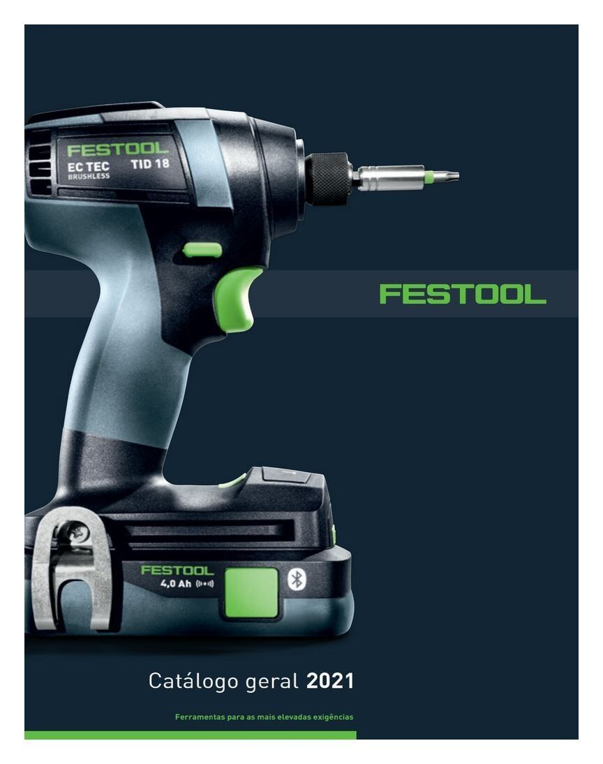 Furadeira elétrica Festool sobre um fundo azul escuro com o logotipo da empresa e 