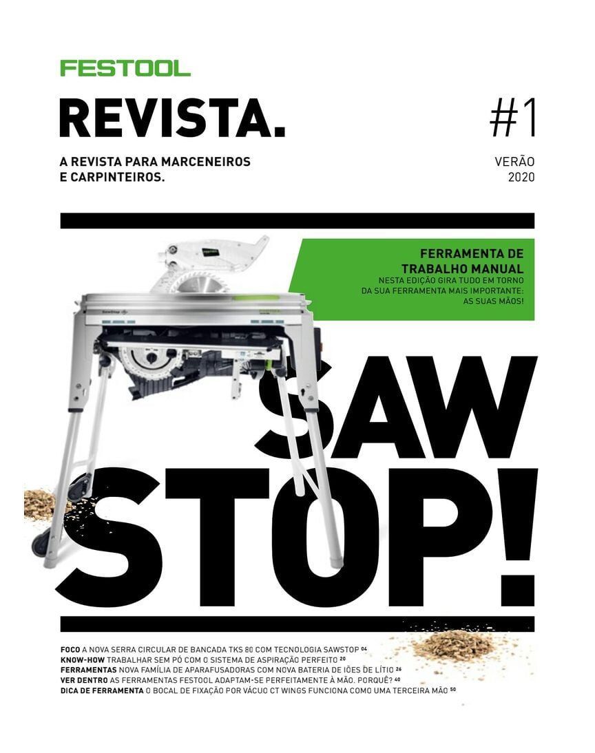 Capa da revista Festool Revista com uma serra e as palavras 
