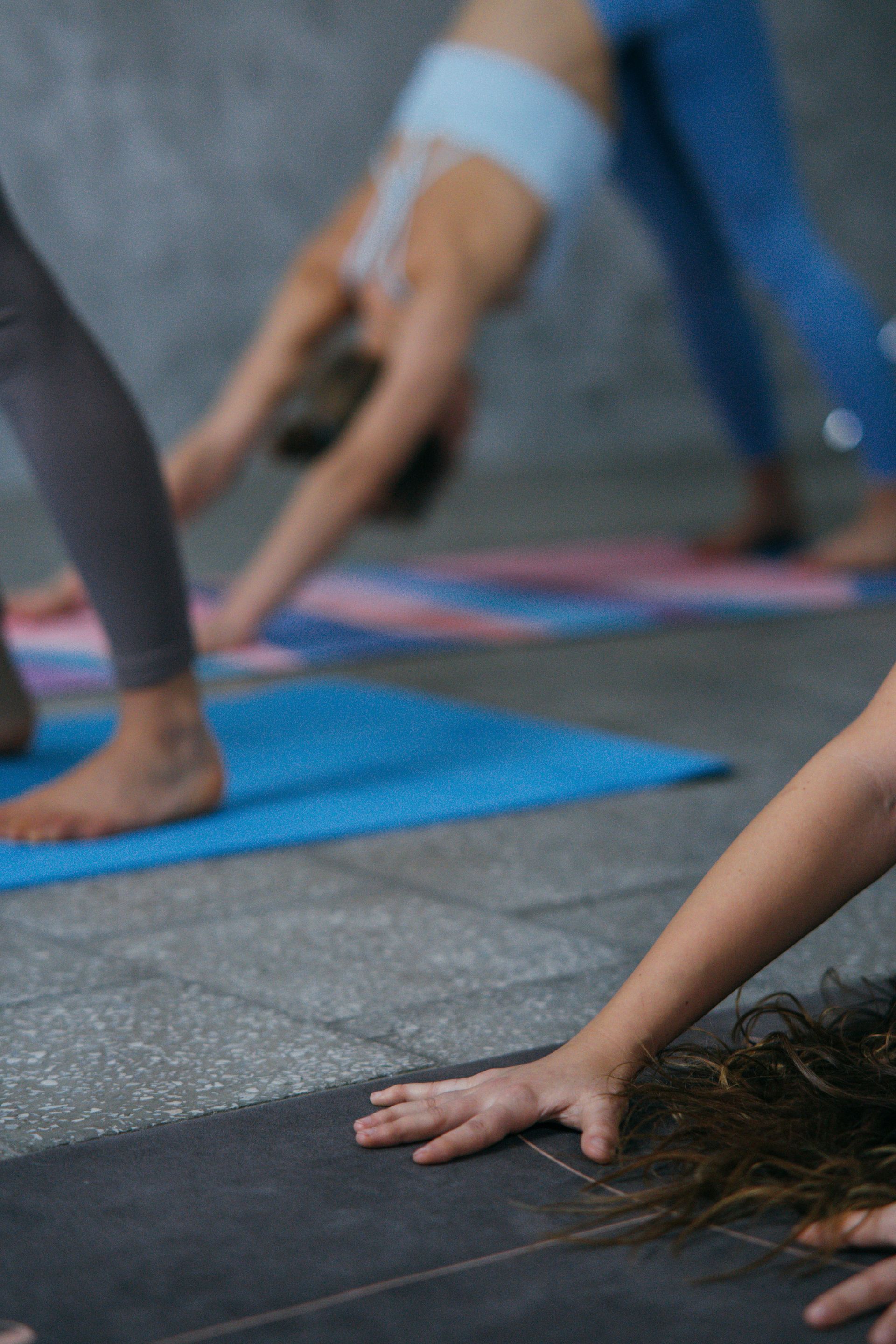 Des personnes pratiquant le yoga sur des tapis, tendant les mains vers le sol dans un cours en studio.