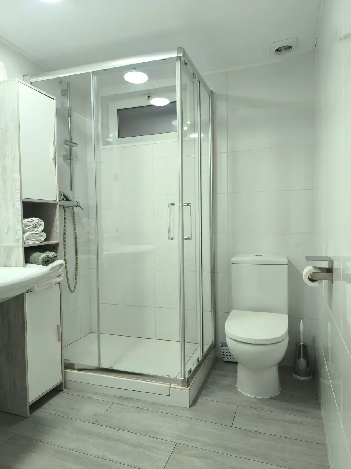 Baño pequeño con ducha de cristal, inodoro, lavabo y suelo y paredes alicatados en gris claro.