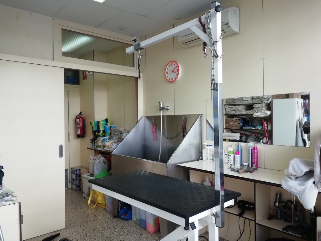 Una habitación con una mesa y un reloj en la pared.