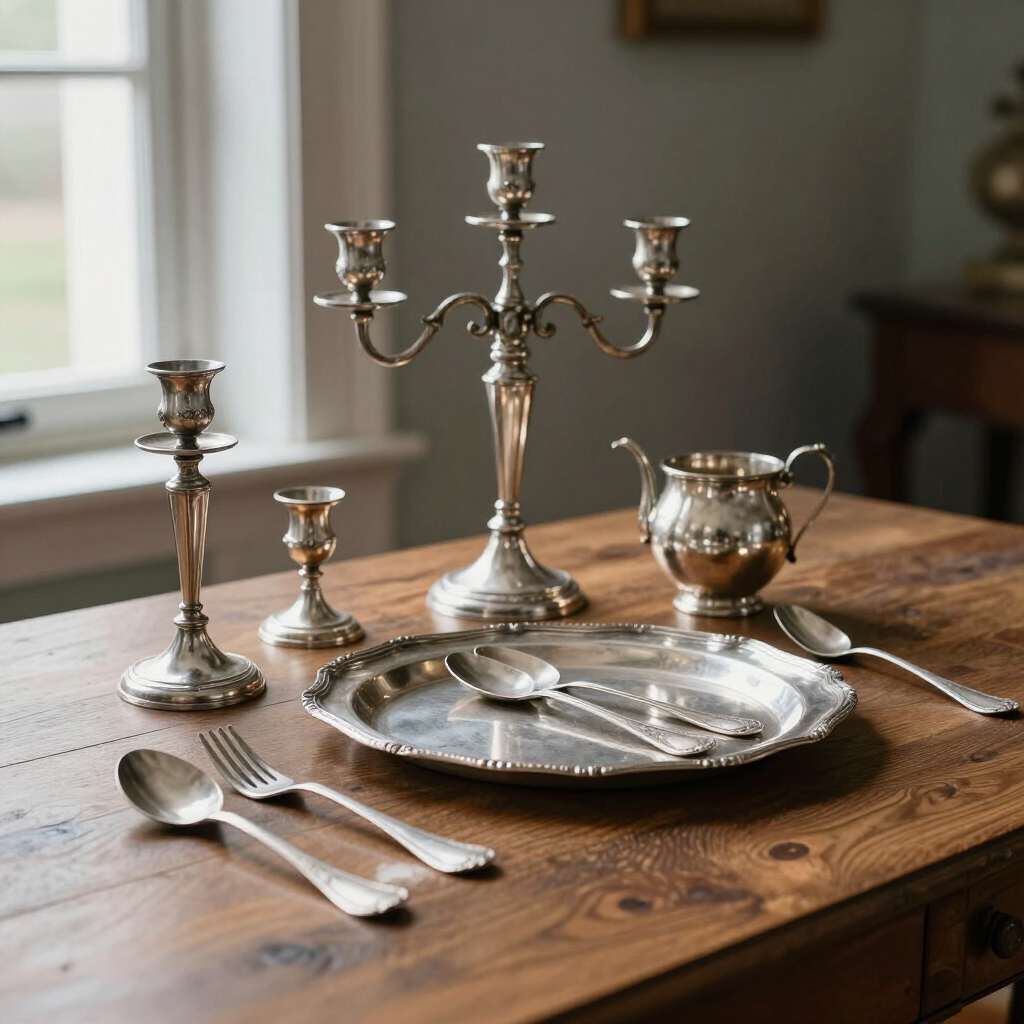 Candelabro de plata y juego de té sobre una mesa de comedor de madera con platos y cubiertos