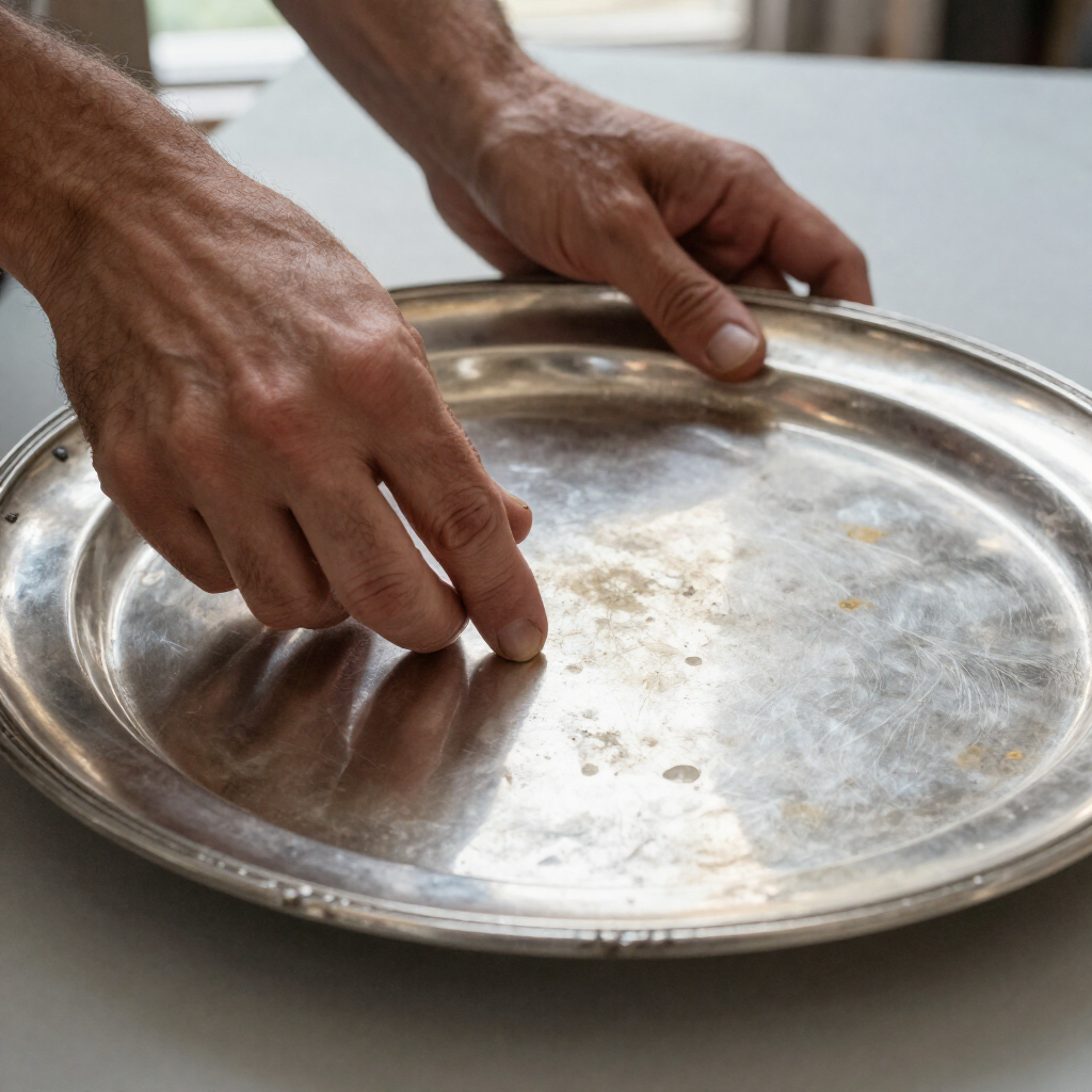 Unas manos limpian una bandeja de metal plateada con un paño sobre una superficie blanca