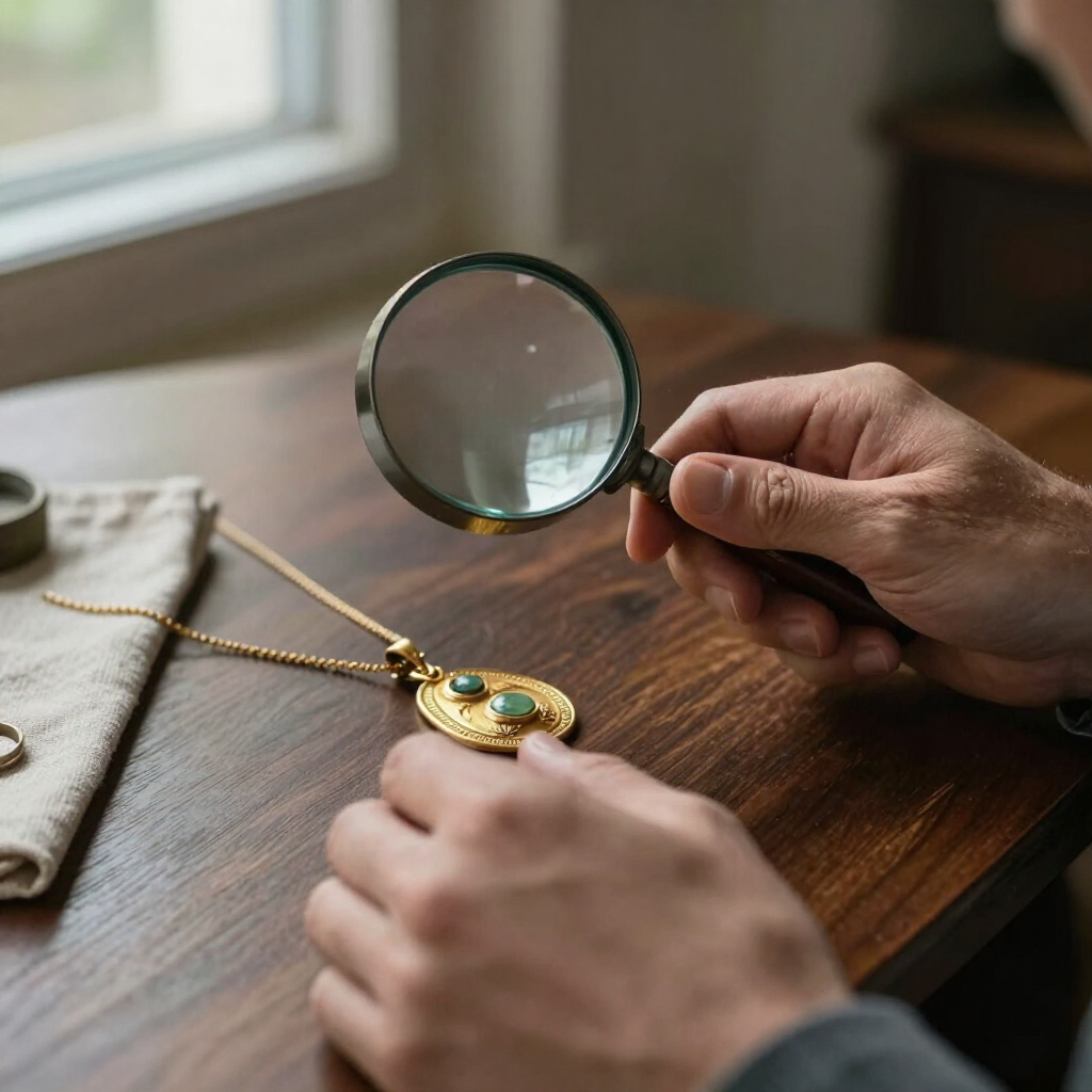 Manos que examinan un reloj de bolsillo de oro con una lupa sobre una mesa de madera