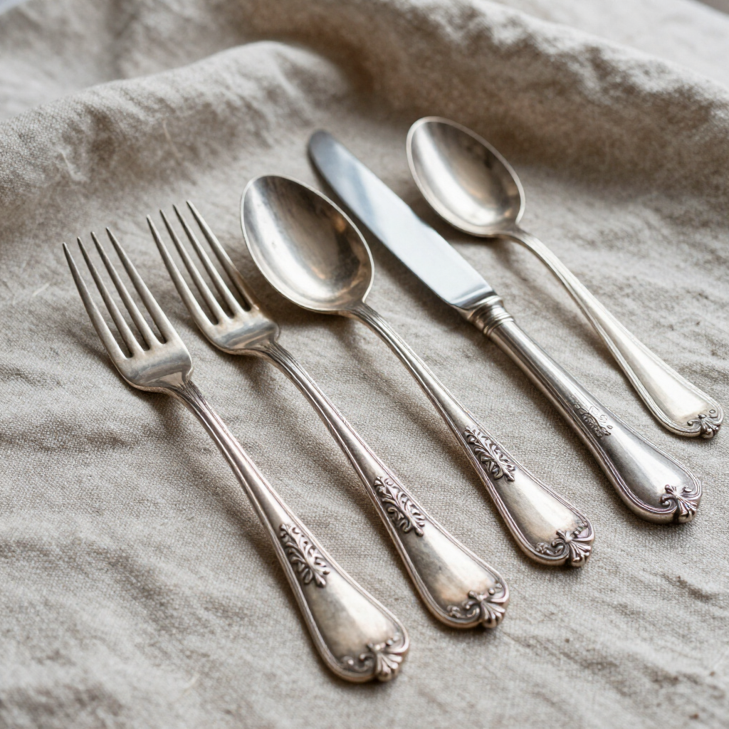 Cuatro tenedores de plata, dos cucharas y un cuchillo dispuestos sobre un paño beige.