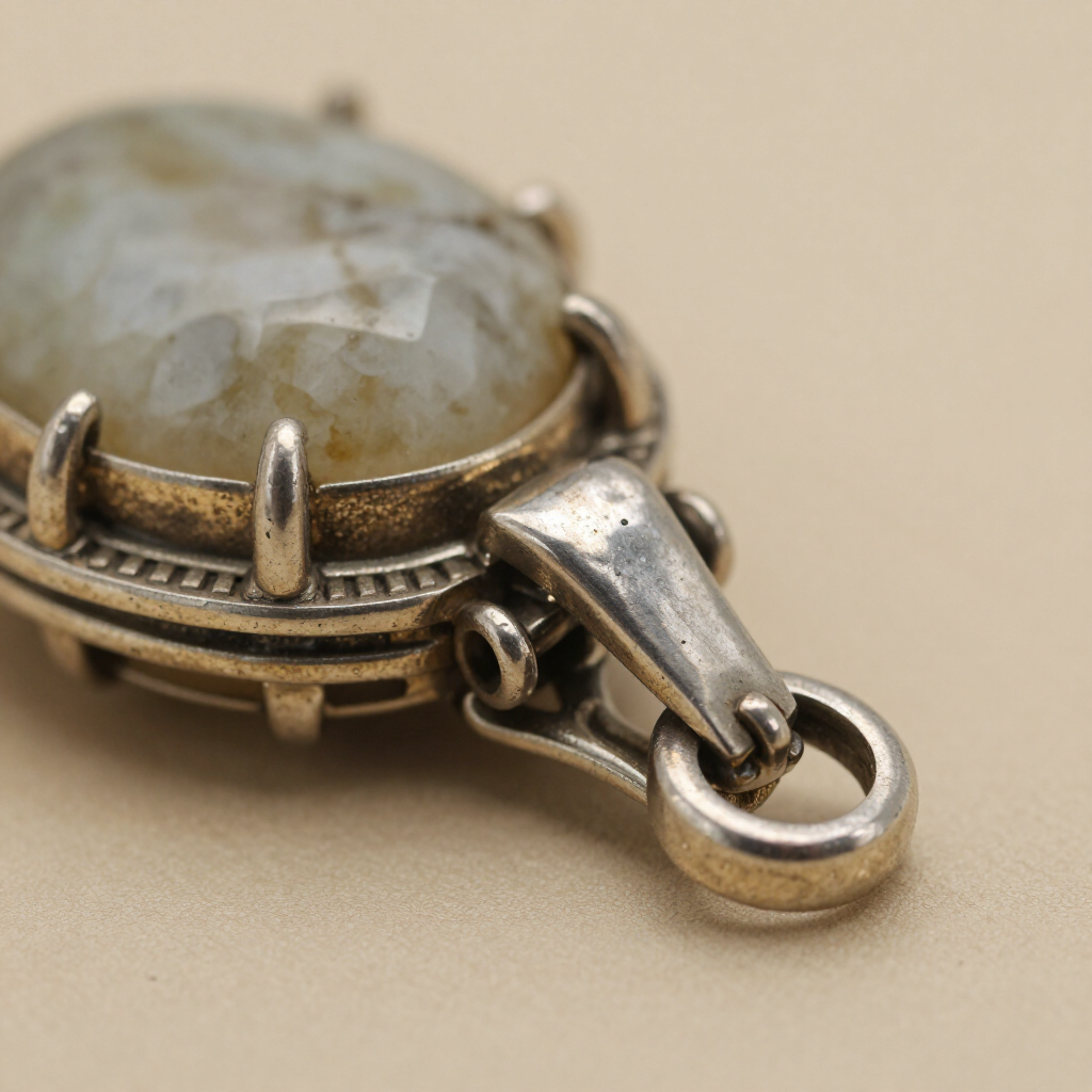 Colgante de plata con una piedra gris claro engastada en un bisel decorativo sobre un fondo beige