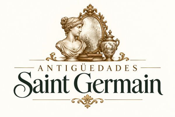 Logotipo de Antigüedades Saint Germain con un busto clásico dorado y un marco decorativo sobre fondo blanco