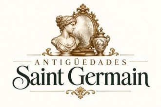 Logotipo de Antig&uuml;edades Saint Germain con un busto cl&aacute;sico dorado y un marco decorativo sobre fondo blanco