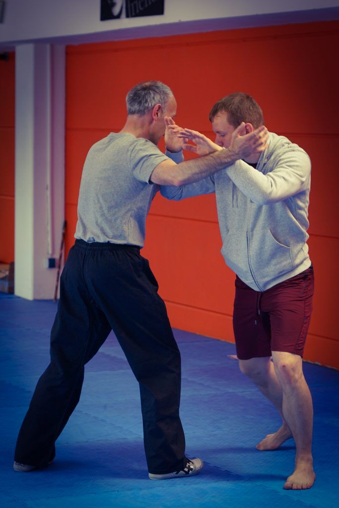 Zwei Kampfsporttrainer üben den Nahkampf.