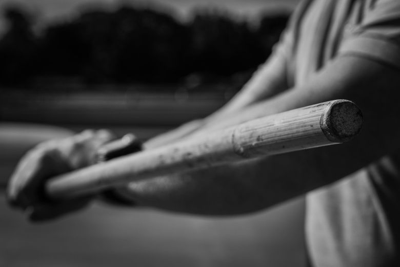 Eine starke Hand hält den Stock in die Kamera.