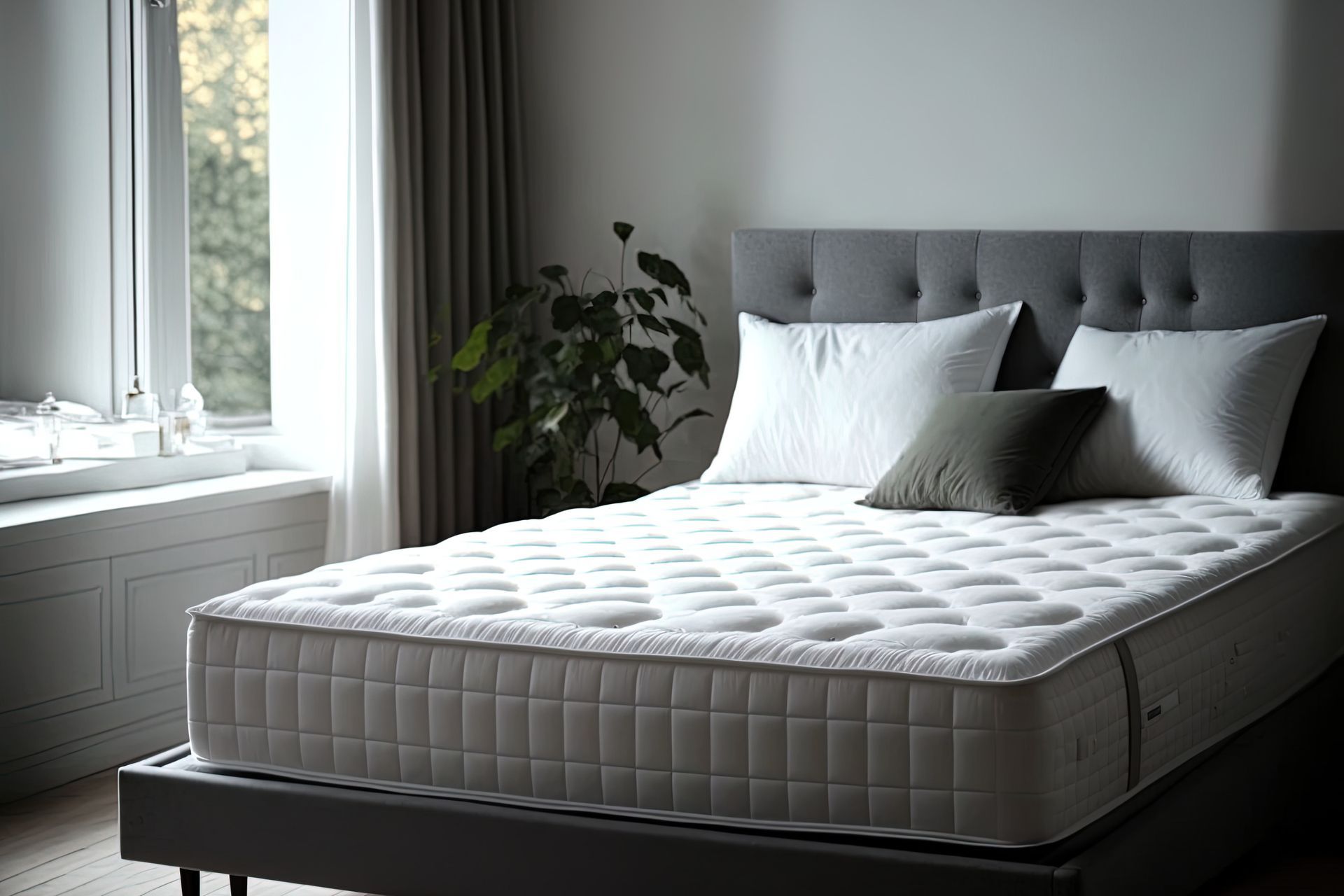 Un matelas épais posé sur un cadre de lit capitonné de couleur grise