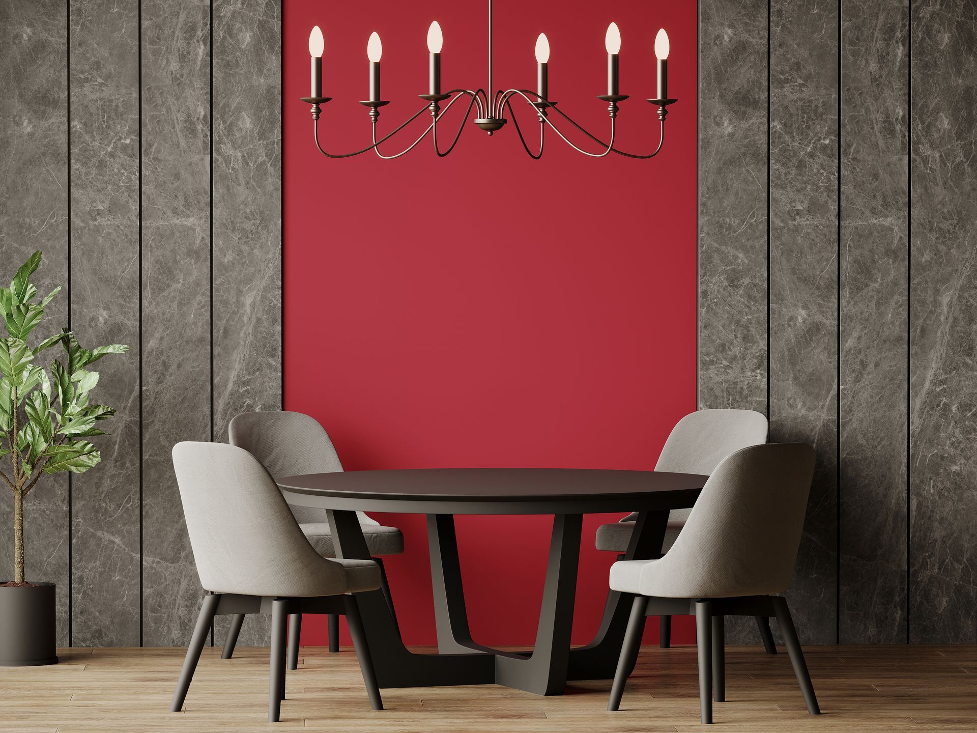 Une table rouge avec quatre chaises devant un mur rouge et gris