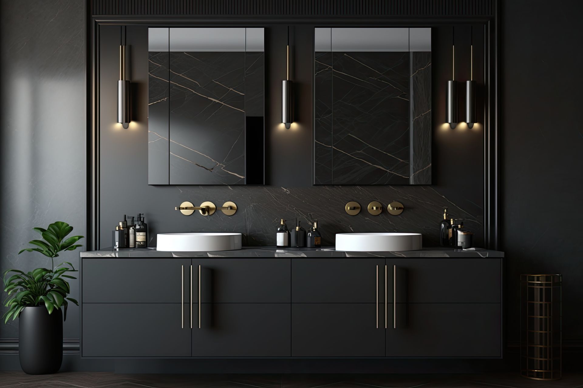 Un meuble sous vasque noir avec deux lavabos