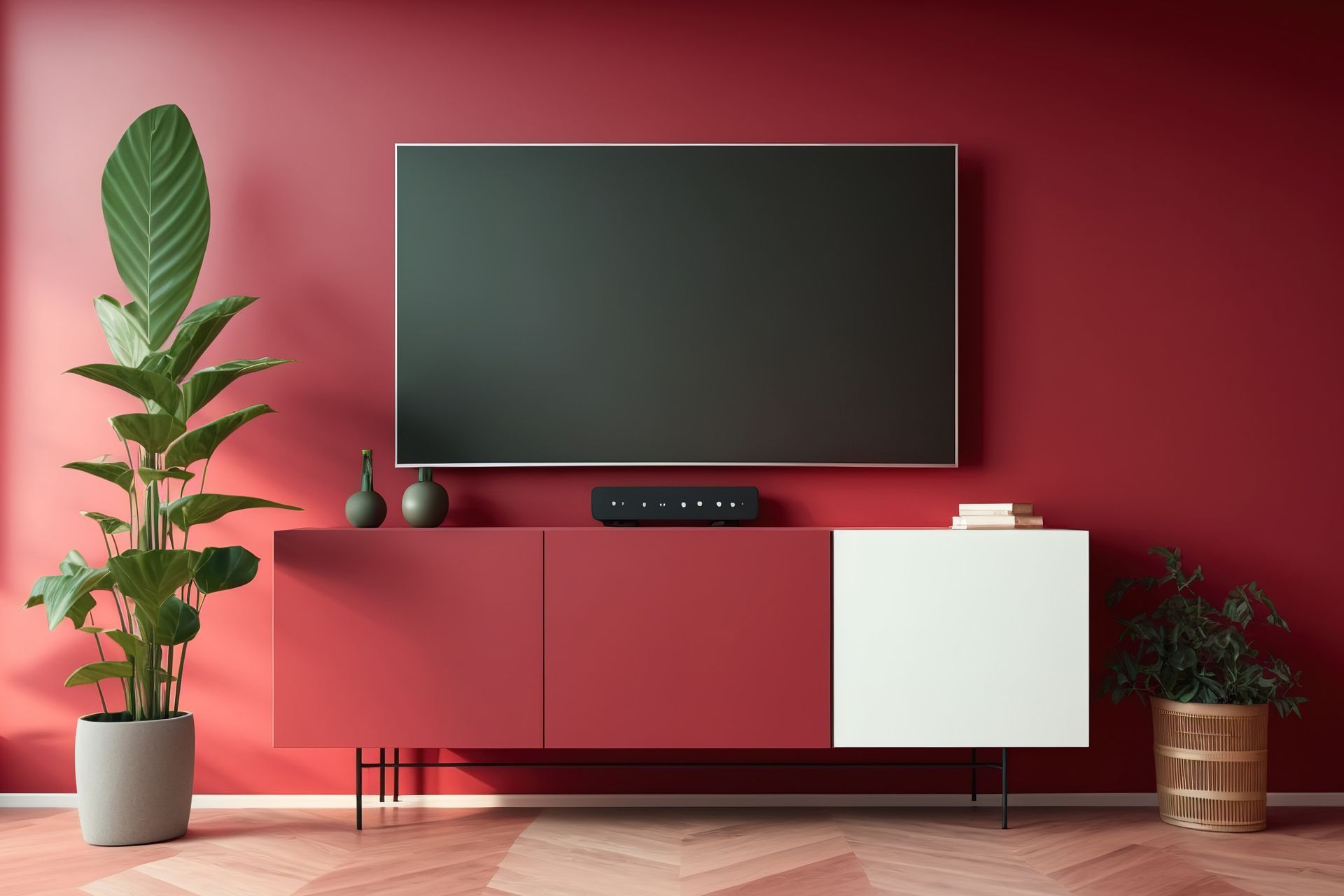 Un téléviseur accroché au mur au dessus d'un meuble bas rouge et blanc