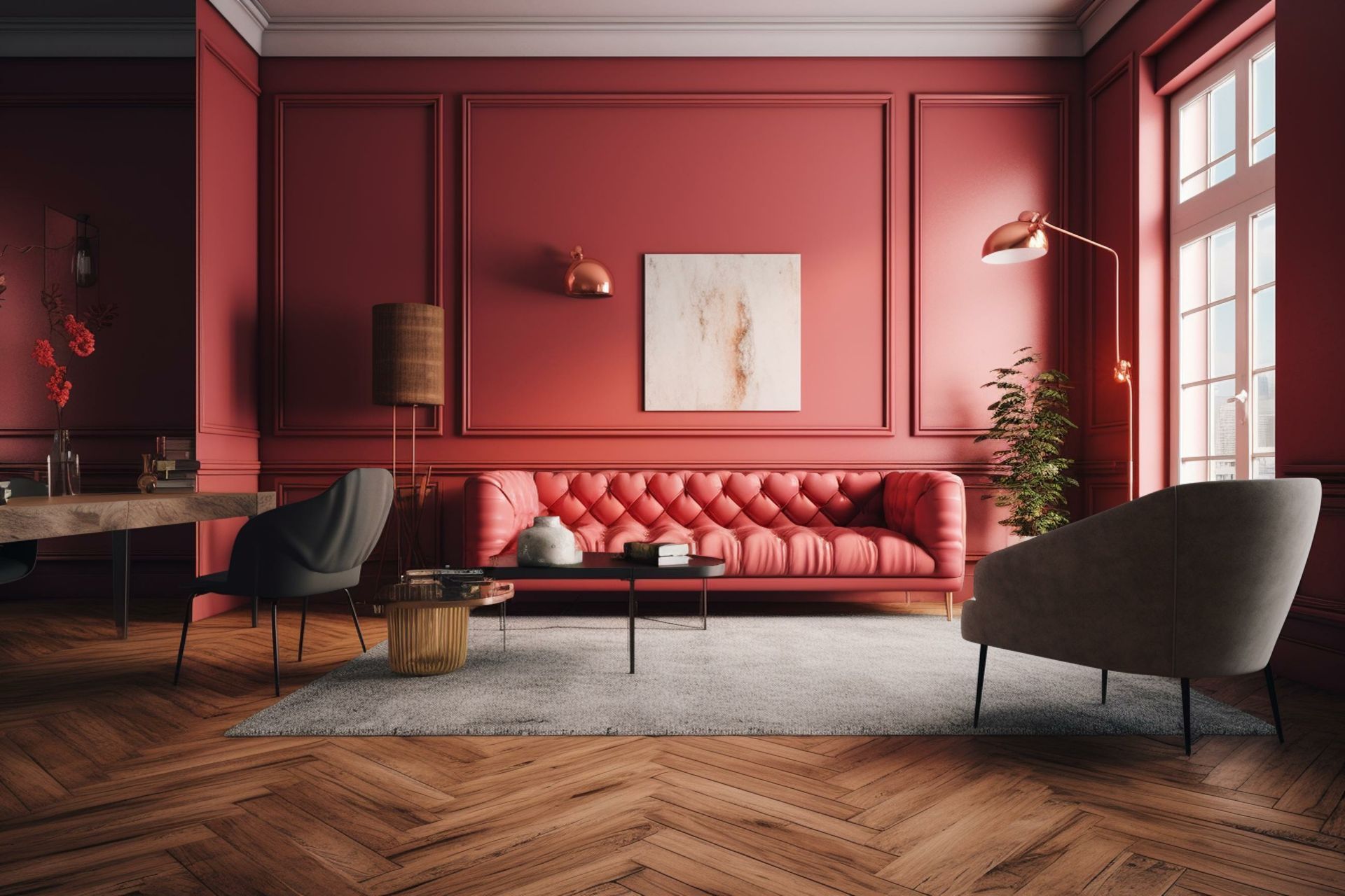 Un canapé rouge dans une pièce à l'ambiance chaude entouré de fauteuils gris