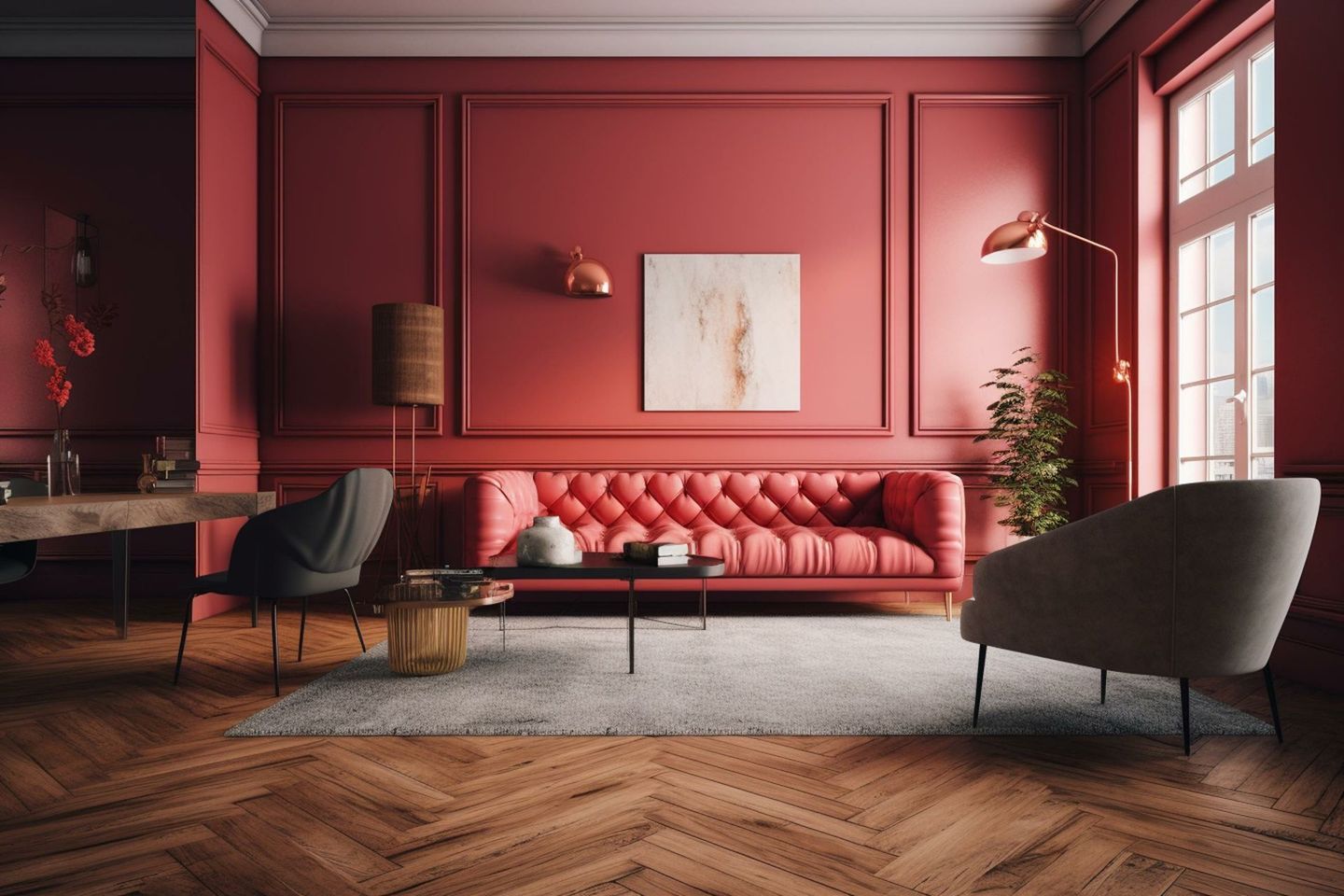 Un ensemble de meubles dans un salon à la décoration rouge