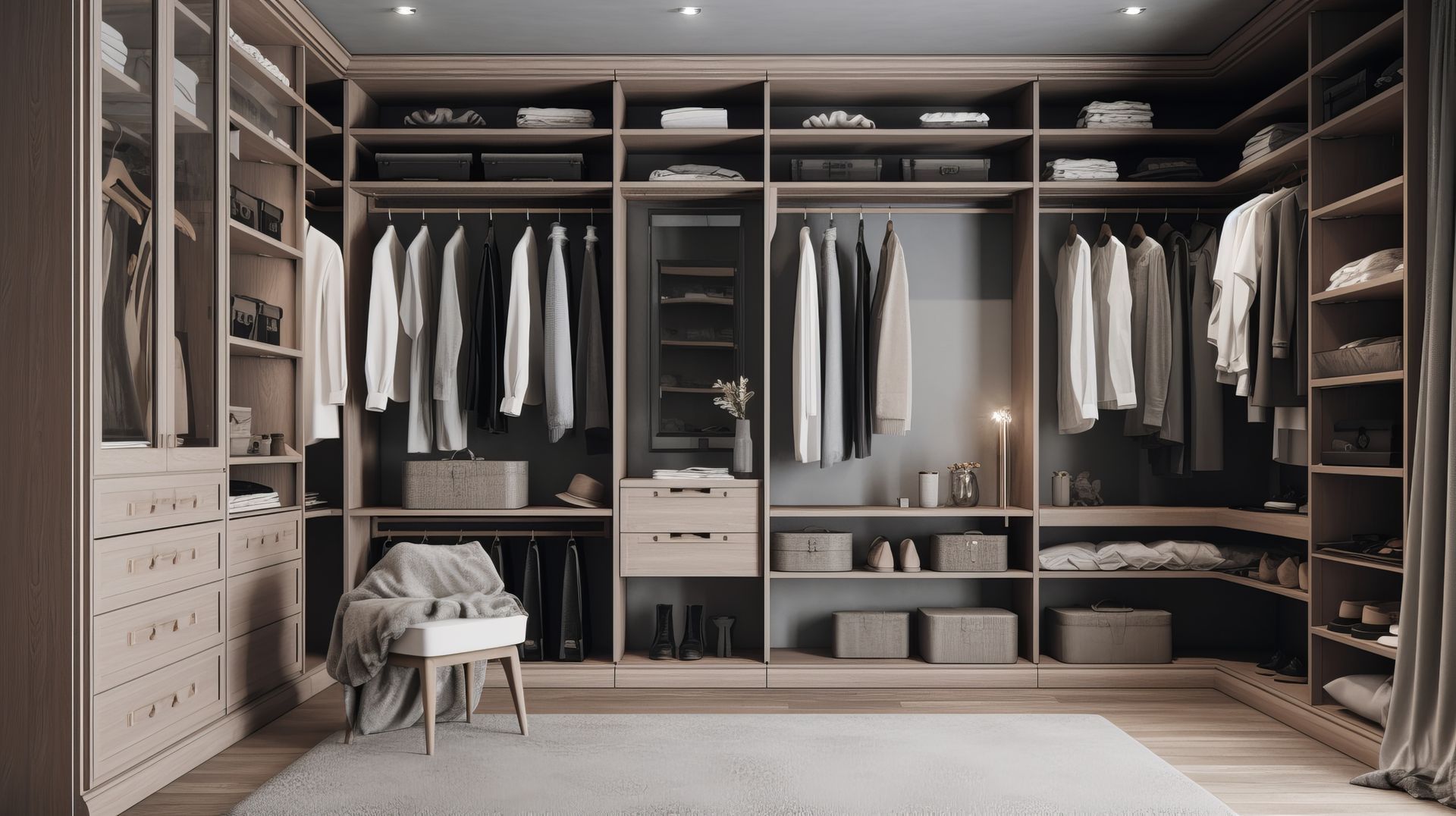 Un grand dressing en bois clair fermé par des rideaux